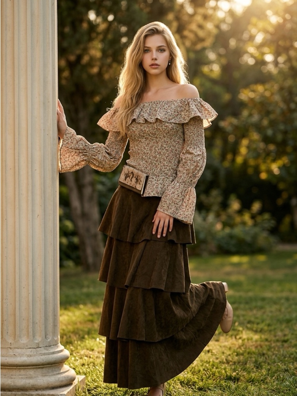 Rosie Posie Tiered Suede Brown Maxi Skirt size medium nwt